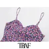 TRAF Women Chic Fashion Floral Print Slit Midi Dress Vintage V Neck With Lining Thin Straps Female Dresses Mujer 210415