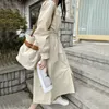 Vintage Shirt Women Loose Casaul Dress Spring Fashion Lace Up Buttons O-neck Apricot Long Dresses Robe Femme 13285 210417
