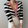 Korobov Outwear Kobiety Striped Cardigans Nowa Jesień Zima V Neck Długi Rękaw Sueter Mujer Vintage Eleganckie Biuro Lady Swetry 210430