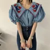 Comelsexy vintage etnische stijl bloem borduurtje blouses vrouwen zomer lantaarn mouw losse denim shirt femme tops blusas 210515