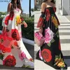 Kadınlar Zarif Tunik Yüksek Bel Elastik Şifon Çiçek Baskı Kapalı Omuz Maxi Elbise Bohemian Plaj Uzun Elbiseler Vestidos GL268 210401