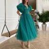 2021 Green Prom Dresses Puff Short Sleeve V Neck Evening Gowns Tea Length Tulle A Line Formal Party Dress