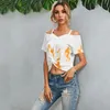 Summer Women Tshirts Bez Ramiączek Sling Tie Drukowanie Koszulka Koszulka z krótkim rękawem Damska Moda Off Ramię Crop Tops Femme 210517