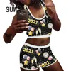 Sexig 2 stycken Set Homewear Women O-Neck Ärmlös Star Print Crop Tops High Waist Shorts Sports Workout Outfit TrackSuit 210525