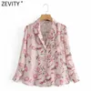 Damesmode Pink Flower Print Casual Chiffon Smock Blouse Office Dames Shirts met lange mouwen Chique Blusas Tops LS7678 210416