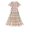 夏の滑走路デザイン花刺繍のドレス女性のvestidosヴィンテージレースパッチワークメッシュ膝丈Vestido 210531