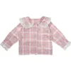 Autumn cute girls lace patchwork plaid shirts long sleeve casual fashion shirt 210508