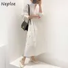 Neploe Korean Suit Chic Loose Puff Sleeve Shirt Dress + V-neck Drawstring Slim Waist Knitted Vest Simple 2 Piece Set Women 210730