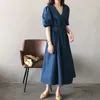 Yaz Kore Kadınlar Uzun Elbise Kısa Kollu V Yaka Gevşek Bel A-Line Midi Elbise Vintage Katı Moda Vestidos Femme 210513