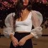 Women's Blouses & Shirts Fashion Women Mesh Stitching Long Sleeved Crop Top Sexy Vest Womens Tops