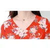 Summer Dress Women White Red Print M-3XL Plus Size Chiffon es Korean Office V Neck Elegant Slim Maxi LR223 210531