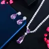 CWWZircons Top Red Purple Cubic Zirconia Water Drop Fashion Women Engagement Party Jewelry Set for Wedding Bridesmaid Gift T525