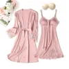 Pajama Kobiety Koronki Wykończenia Satynowe Piżamy Piżamy Dla Kobiet Letnia Nocna Nocna z Spodnie Casual Home Nosić Kimono Robe Suknia Sets X0526