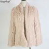 Knitted Rabbit Fur Coat Slim Jack Real Hand Genuine Jacket/ Sheared 211018