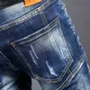 イタリアのファッション男性ジーンズレトロブルー弾性スリムフィットリッピングデニムズボン高品質スプライスデザイナーヒップホップバイカーパンツ