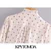 KpyTomoa Mulher Moda Semiária Imprimida Blouses Pleated Bloups Vintage Alta Camisetas de Manga Lonja Blusas Chic Tops 210401