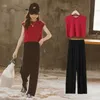 女の子の夏の服セットノースリーブ赤いTシャツワイドレッグブラックパンツ綿ソリッドカラー10代の衣装4 8 12年歳210622