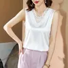 Koreański jedwab kobiety bluzki koszule kobieta satynowa koszula topy bluzka bez rękawów plus rozmiar elastyczna koronka V-Neck 210427