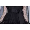 Vår Mode Kvinnor Flared Ärmar Svart Långa Klänningar Robe Lace Hollow Out Vintage Elegant Dress Vestidos 210520