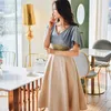 Dabuwawa Patchwork Fit and Flare Long Dress Women Bat Sleeve V-Neck High Waist Party Cotton Maxi Dresses Female DT1BDR017 210520