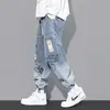 Mens Jeans Outono Letra Impressa Maré Marca Solta Dos Desenhos Animados Graffiti Calças Com Cordão Homens Streetwear