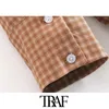 TRAF Women Fahsion Overe check Asymmetrische Bloues Vintage lange mouw button-up vrouwelijke shirts blusas chic tops 210415