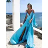Women Dress V-Neck Flare Sleeve Split Vintage Sexy Dresses Hollow Out Plus Size Blue Long Summer Clothes 210513