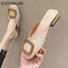 Suogajnun Buty Mule Kobiety Low Heel Slipper Leather PU Drewniany Block Heel Otwarty Płytkie Mokasyny Slip On Casual Slides Sandal Shoes C0330