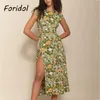 Foridol Sexy Backless Fruit Print Green Sukienka Kobiety Bez Rękawów Summer Summer Beach Slit Długa Sukienka Boho Odzież Casual Wakacje Dress 210415