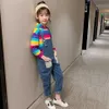 Flickor Kläder Rainbow Hoodies + Denim Jumpsuit Teenage Clothing Sequin Sets Casual Style Kid 6 8 10 12 14 210528