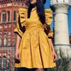 Stilvolles Rüschen-Damenhemdkleid Vintage weibliche gelbe kurze Knöpfe Sonne Sommer lässige Dame Mini 210430
