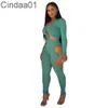 Femmes Rib Knit Survêtements Designer Évider Deux Pièces Pantalon Ensemble Mince Sexy Couleur Unie Col En V Crop Top Chemise Et Leggings Costume 5 Couleurs