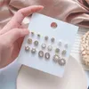 Luxurious Artificial Diamonds Pearls Stud Earrings Sun And Stars Style Design Beautiful Women 9 Pairs Studs Wholesale By Set