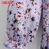 Tangada Mode Femmes Violet Fleurs Imprimer Volants Robe Arc À Manches Longues Strethy Taille Dames Mini Robe SY119 210609