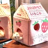 Foldable Cute Pet Cat Bed House Strawberry Banana Milk Box Cat House Winter Warm Plush Soft Cave Cat Kitten Kennel Pet Supplies 21303u