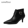 Sophitina Women's Heeled Ankel Boots Sexig Pekad Toe Slip On Kattunge Heel Work Boots With Strap Buckle Ladies Autunm Skor Po718 210513