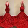 2022 magnifique dos nu rouge robes de soirée licou profond col en V dentelle appliques sirène robe de bal rose volants occasion spéciale robes de soirée BC10882