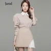 Vår 2 stycken Set Vit Patchwork Slå ner Krage Puff Sleeve Simple Blouses Bodycon Pleated Mini Skirt Office Lady Suit 210518