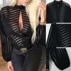 Blusa de mujer Malla Camisas transparentes Damas de manga larga a rayas Frente t Hollow Out Camisa transparente Blusas Mujer Camisas Sexy Black Tops Verano Otoño Mujer shellort