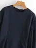 Rahat Fener Kol Mini Elbise Vintage Lacivert Ince Kadın Bluzlar O-Boyun Katı Renk 210421