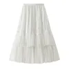 Surmiitro Summer Long Tulle Skirt Kvinnor Koreansk stil Mesh Lace Patchwork Hög midja Estetisk Midi Pläterad Kjol Kvinna 210712