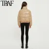 TRAF女性のファッションのフェイクレザーパーカー厚い暖かいジャケットパディングコートヴィンテージ長袖ポケット女性の上着シックトップ210415