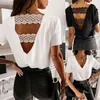 Sexy Backless Women T-shirt Summer Lace Patchwork Short Sleeve Casual Party Tshirts Elegant V Neck Office Lady Loose White Tops 210522