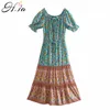 Donne Retro Lungo Abiti Manica Corta Floreale Slash Neck Off Shouder Vestito Sexy Patchwork Bohemian 210430