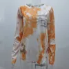 秋と冬のラウンドネックステッチ縞模様のネクタイ染料ポケットカジュアルルーズトップTシャツ女性プルオーバー女性Tシャツ210517