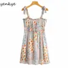 Sexy Sling Summer Holiday Beach Dress Donna Fungus Edge Patchwork Stampa floreale Chiffon Short Vestido 210430