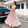 Sweet Strawberry Sequined Embroidery Cascading Ruffle Maxi Women Summer V-Neck Puff Sleeve Bow Pink Tulle Mesh Long Dress 210416