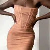 Kvinnor Sexig Designer Strapless Mesh Ruched Black Pink Bandage Dress Evening Celebrity Chic Party Vestido 210527