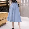 Vintage Ball Gown Denim Skirt Women Light Blue High Waist Slit Midi Teen s Jeans Summer B03210B 210421