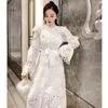 Turtle Neck Hollow Out White Dress Woman Spring Flare Sleeve Lace party female casual designer autumn clothing 210603